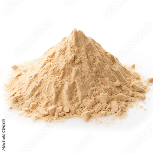 close up pile of finely dry organic fresh raw astragalus root powder isolated on white background. bright colored heaps of herbal, spice or seasoning recipes clipping path. selective focus photo