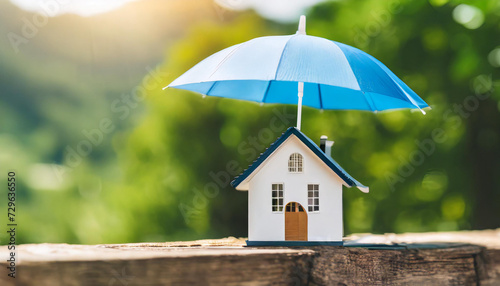 home insurance and protection  featuring a family house secured under an umbrella  symbolizing safety and security against potential risks and damages