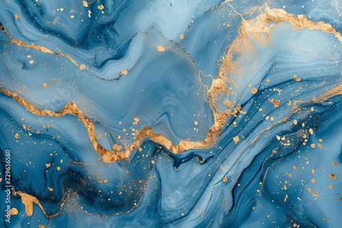 Abstract blue marble texture Gold splashes Luxurious background