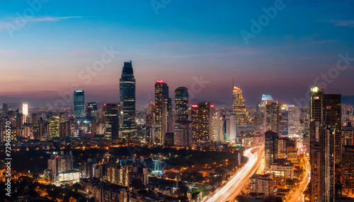 Modern architecture shapes the skyline, and the hum of urban life creates a dynamic and fast-paced atmosphere. City lights twinkle in the night, revealing the lively energy of this bustling urban scen