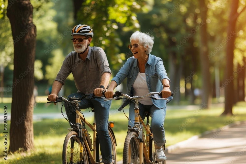 Fototapeta premium Active senior couple Biking together in park Enjoying lifestyle
