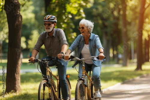 Active senior couple Biking together in park Enjoying lifestyle