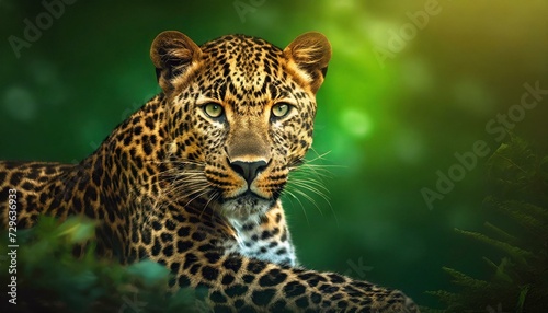 portrait of a leopard in green background