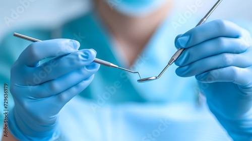 Doctor's hands in blue protective gloves with dental tools in his hands, dental hygiene or surgery