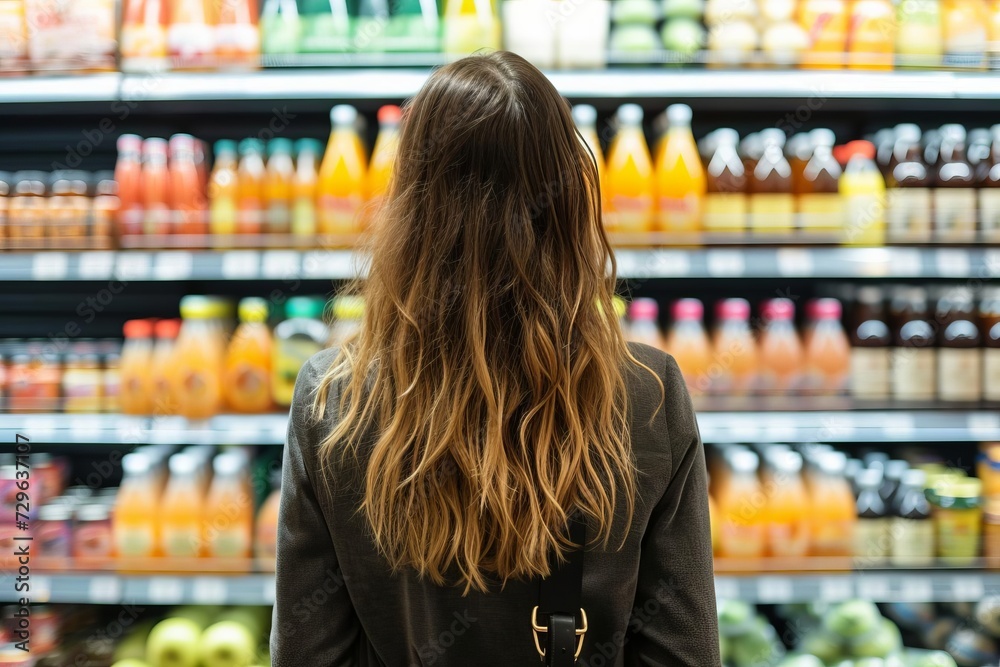 Back view of a young woman contemplating a selection of juice bottles in a grocery store Symbolizing informed consumer choices