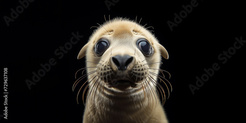 Seal white puppy marine animal face portrait on black background © fabioderby