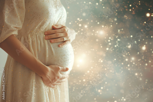 Pregnant woman holding her belly with space and universe in the background, representing the concept of mother's day and happy motherhood.