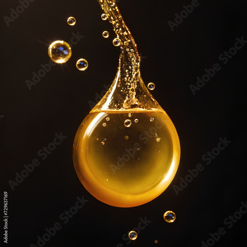 Drop with golden liquid and bubbles. OMEGA 3.	