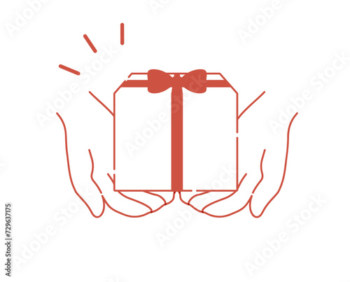 ギフトボックスを差し出す手（途切れ線のアイコン）箱と手は白の塗りがあります。背景は透過です。
