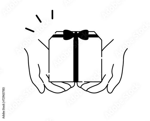 ギフトボックスを差し出す手（途切れ線のアイコン）箱と手は白の塗りがあります。背景は透過です。