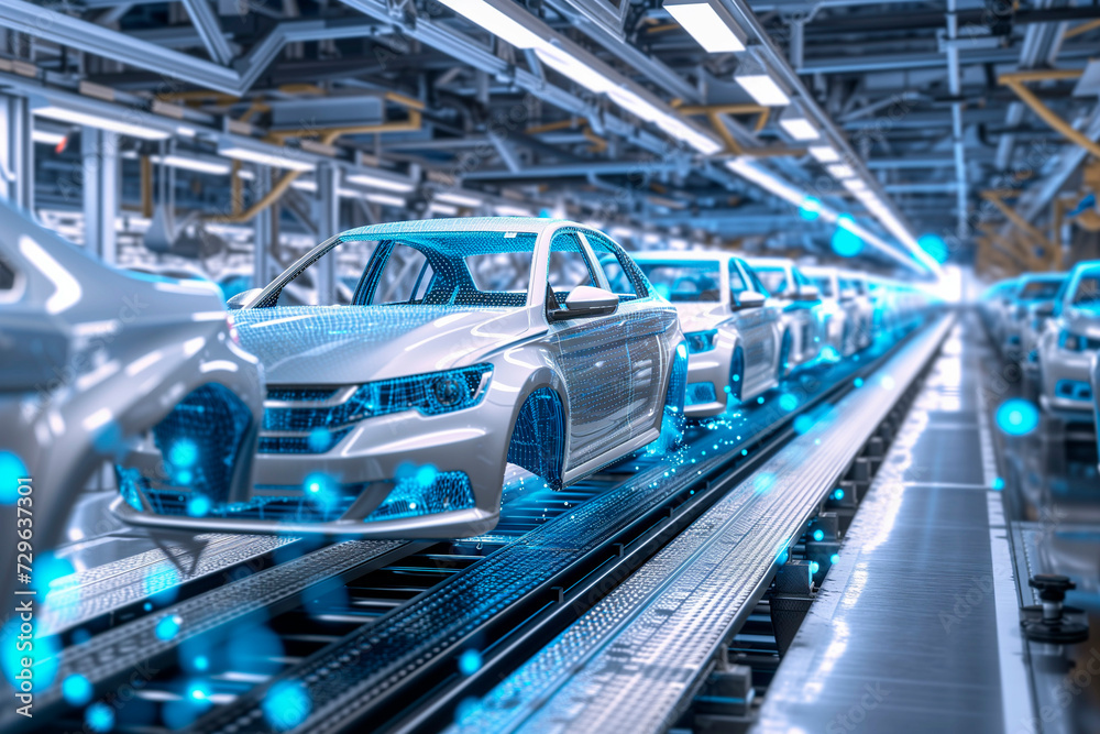 vehicles are lined in an assembly line in a factory