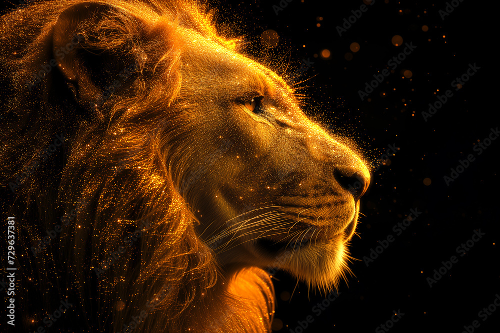 Naklejka premium A sparkling golden silhouette of a lion on a black background. The symbol of the zodiac sign is leo. Ai generative..