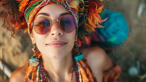 A portrait of a beautiful hipster woman in a colorful headdress and sunglasses at carnival.