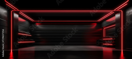 wide background banner of a dark empty garage, hangar with red neon lights in a minimalism architecture. generative ai