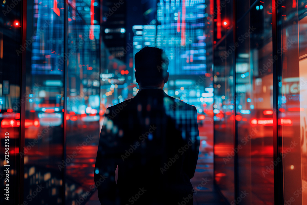 businessman with reflection looking into a city street businessman with reflection looking into a city street