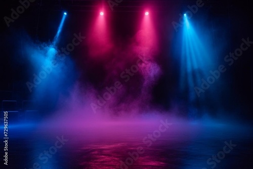 Dark stage Neon lights Empty atmosphere Spotlight Smoke effect
