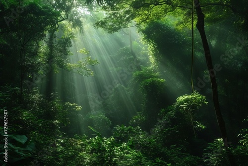 Dark rainforest with sunlight streaming through the trees Showcasing rich greenery and creating an atmospheric and fantasy-like forest