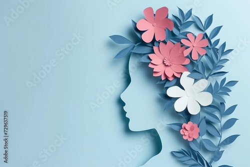 Delicate paper cut illustration of a woman's face intertwined with flowers A creative and artistic tribute for international women's day Offering space for text and messages