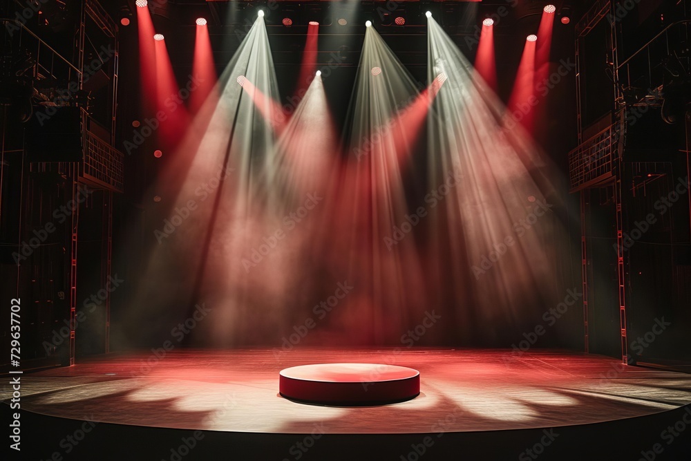 Empty stage of a theater Illuminated by spotlights before a performance Featuring a red round podium and a bright background