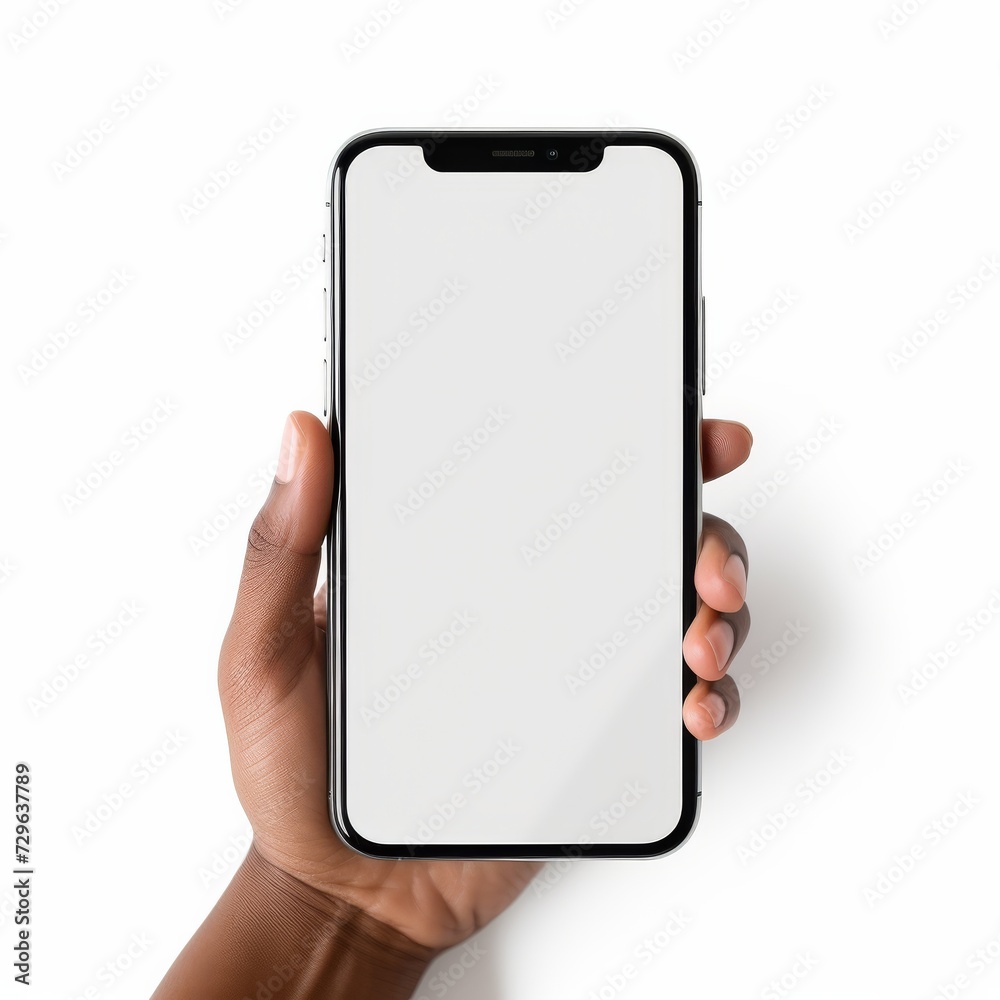 Hand holding a smartphone with blank screen isolated on white background for mockup designs Hand holding a smartphone with blank screen isolated on white background for mockup designs