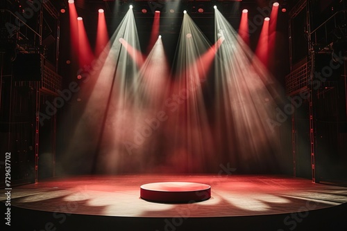 Empty stage of a theater Illuminated by spotlights before a performance Featuring a red round podium and a bright background