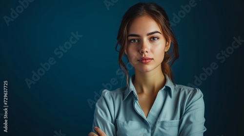 Portrait of beautiful female worker posing for camera, confident person isolated on dark blue background.