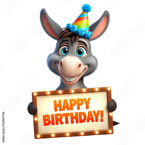 Cute Animal 3D Donkey Holding 'Happy Birthday' Board and Wearing Party Cap Cartoon: Isolated on Transparent Background - Clipart PNG Sticker Design	 photo