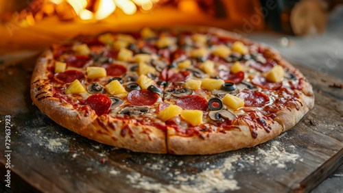 Fresh baked pizza closeup, traditional wood fired oven background.,Neapolitan pizza with pineapple and ham. Hawaii neapolitan closeup of a  Hawaii with Pineapple on wooden plate