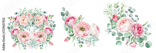Watercolor floral illustration. Pink flowers and eucalyptus greenery bouquet. Dusty roses, soft light blush peony - border, wreath, frame. Perfect wedding stationary, greetings, fashion, background © Andina