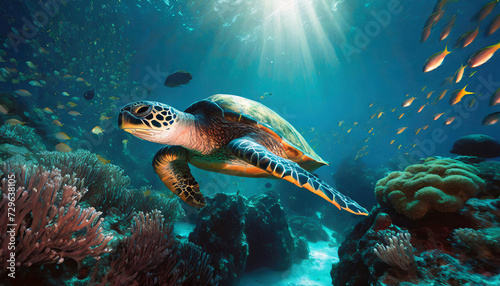 Turtle swimming underwater with school of tropical fish