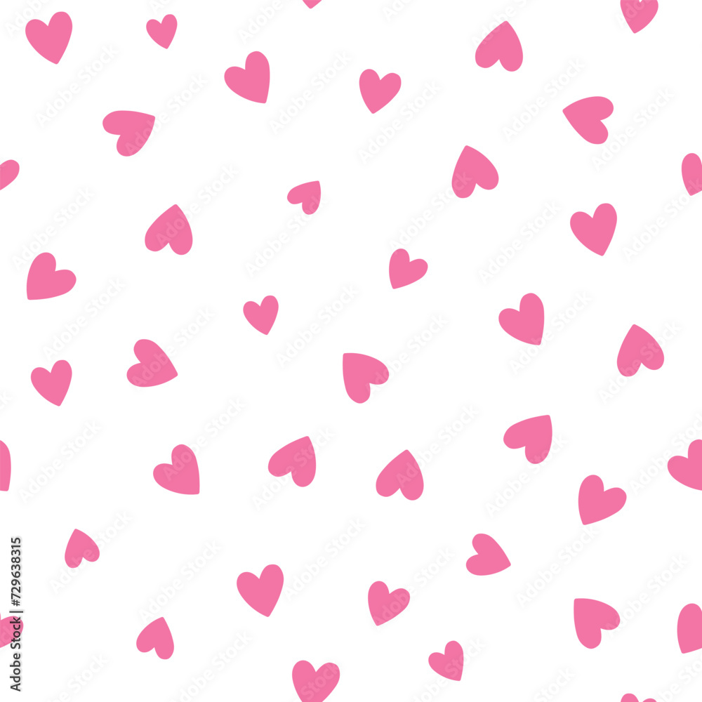All over seamless vector repeat pattern with ditsy pink hand drawn doodle hearts tossed on white background. Simple cute Valentines day background