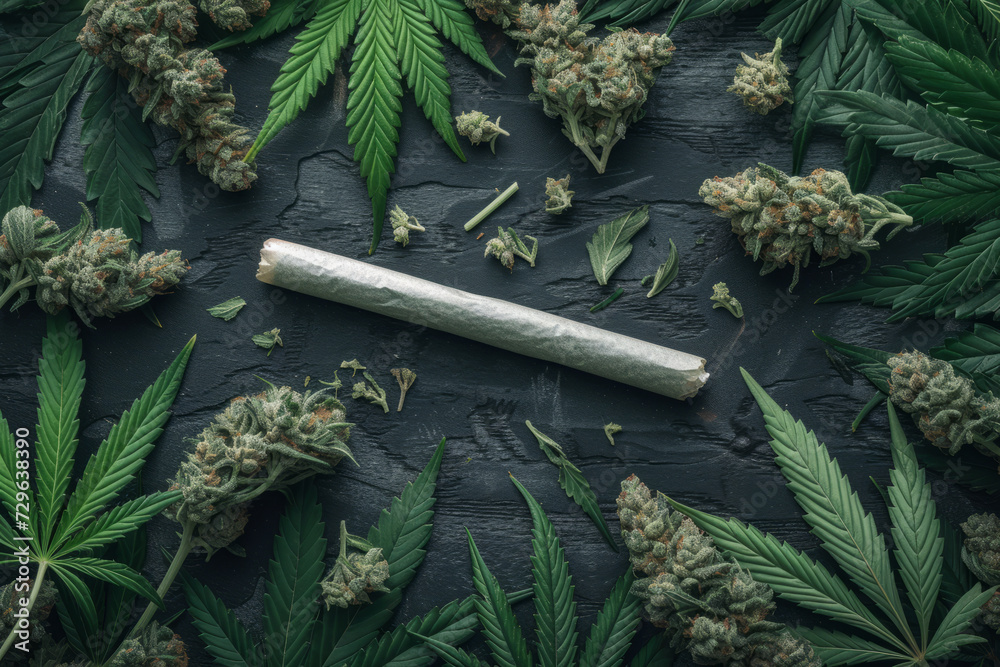 a cannabis rolled joint surrounded by cannabis buds, overhead flat lay studio shot