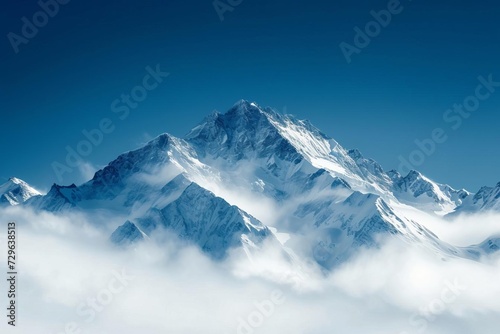 Majestic snowy mountain peak towering above the clouds Contrasting with the deep blue sky Creating a scene of pristine beauty and awe-inspiring nature