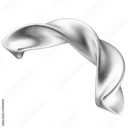 Abstract 3D shape in textured silver in the form of a half twisted ring. 3D render. Matte chrome element on a transparent background.