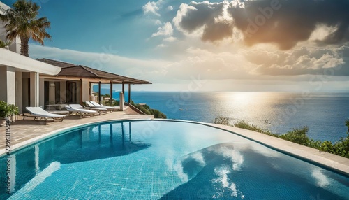 swimming pool outside hotel against beautiful sea view © Omega