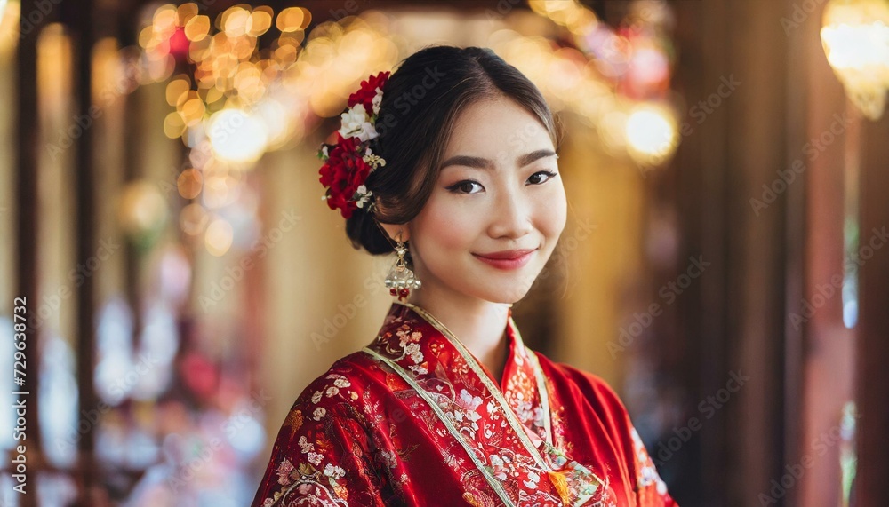 portrait of beautiful young Asian bride in red traditional clothes