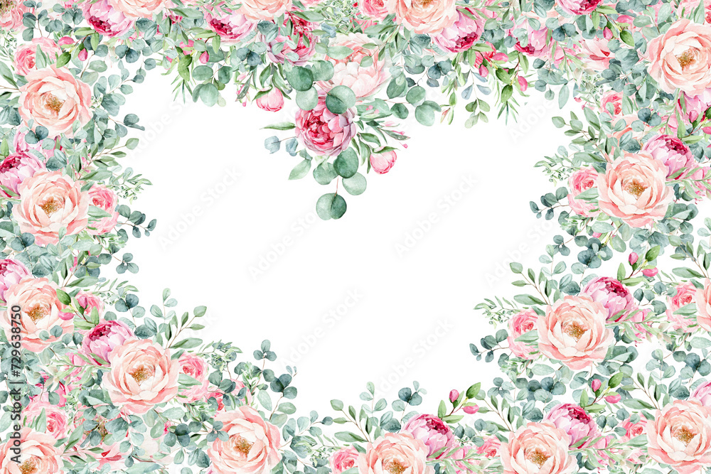 Watercolor floral illustration. Pink flowers and eucalyptus greenery bouquet. Dusty roses, soft light blush peony - border, wreath, frame. Perfect wedding stationary, greetings, fashion, background