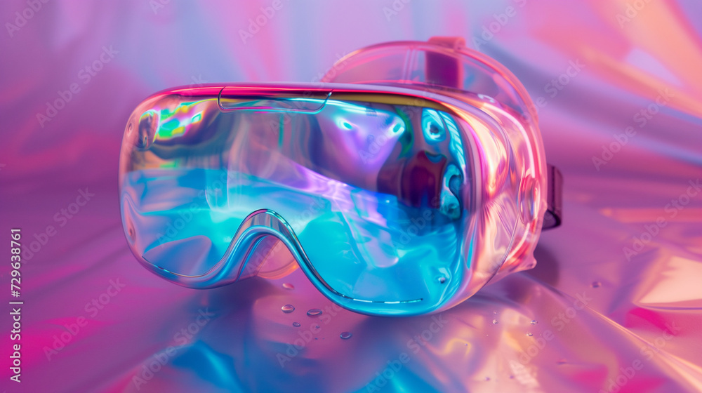 a pair of colorful VR goggles on a shiny surface, futuristic  neon light, virtual augmented vr reality