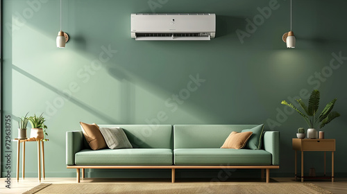 Air conditioner hanging on a light wall of a green room with furniture
