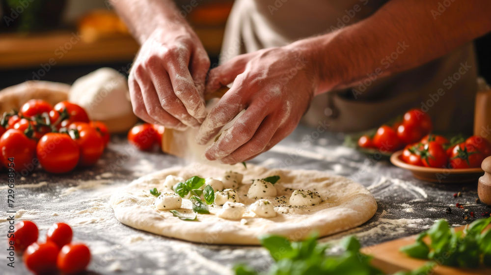 Taste of Italy. A pizzaiolo Chef hand making a delicious  Pizza in a rustic kitchen.