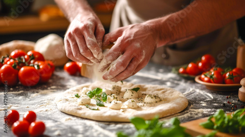 Taste of Italy. A pizzaiolo Chef hand making a delicious Pizza in a rustic kitchen.