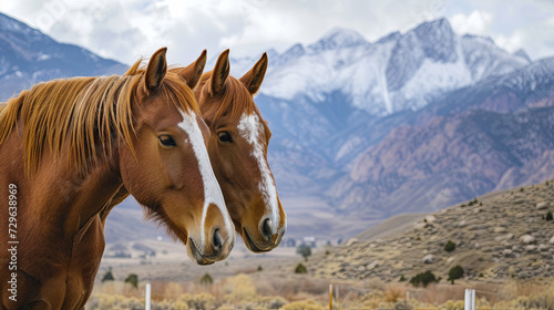 Brown horses looking to one side close-up in a meadow with mountains in the background