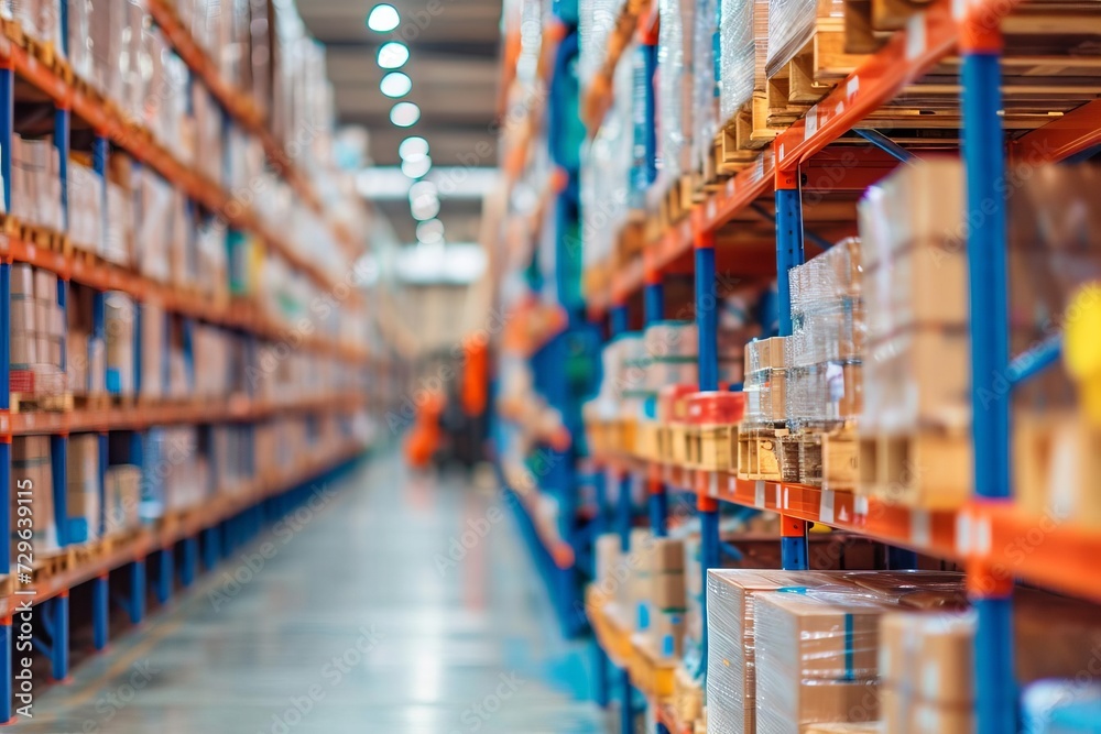 Retail warehouse Shelves Goods Pallets Forklifts Blurred background