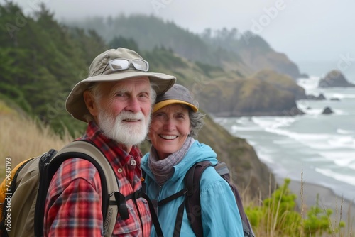 Senior couple Pacific coast Hiking Nature appreciation
