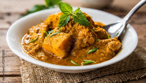 A plate of aromatic curry, the heady blend of spices mingling in the air. Each spoonful promises a flavorful journey through the fragrant and exotic world of Indian cuisine.