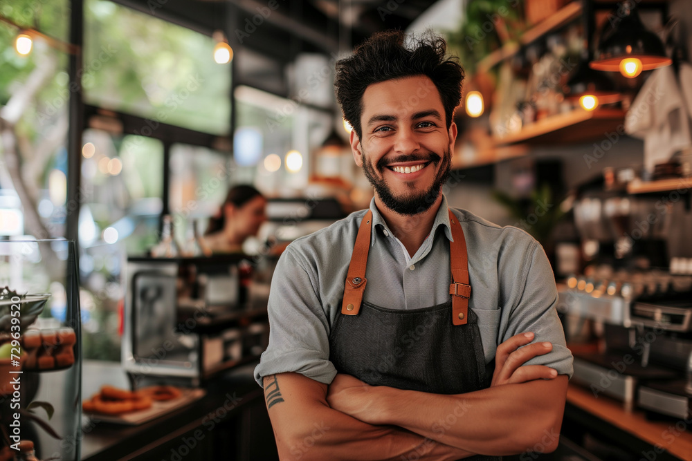 Small business owner testimonial image, Young person wearing an apron in the cafe, mid aged man standing with his arms crossed, Portrait of a coffee shop owner standing in the shop or cafe Small business owner testimonial image, Young person wearing an apron in the cafe, mid aged man standing with his arms crossed, Portrait of a coffee shop owner standing in the shop or cafe