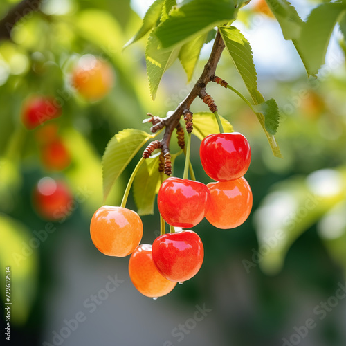 close-up of a fresh ripe rainier cherry hang on branch tree. autumn farm harvest and urban gardening concept with natural green foliage garden at the background. selective focus
