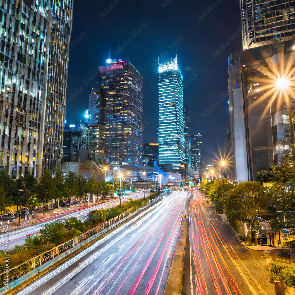 In the heart of the city, skyscrapers pierce the skyline, and bustling streets are alive with people and traffic. Neon lights illuminate the night, creating a vibrant and dynamic urban landscape.