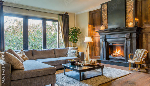 The living room exudes warmth with plush sofas, a cozy fireplace, and soft lighting. As the evening unfolds, a tranquil ambiance envelops this inviting and comfortable space. © Louis