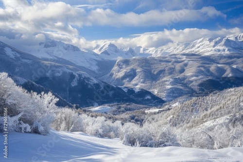 Winter landscape in the mountains Capturing the serene beauty and tranquility of snow-covered peaks and valleys © Jelena
